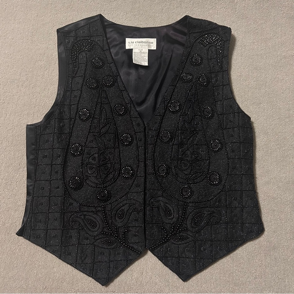 Vintage 90s Liz Claiborne Black Beaded Silk Vest - Size Medium Petite